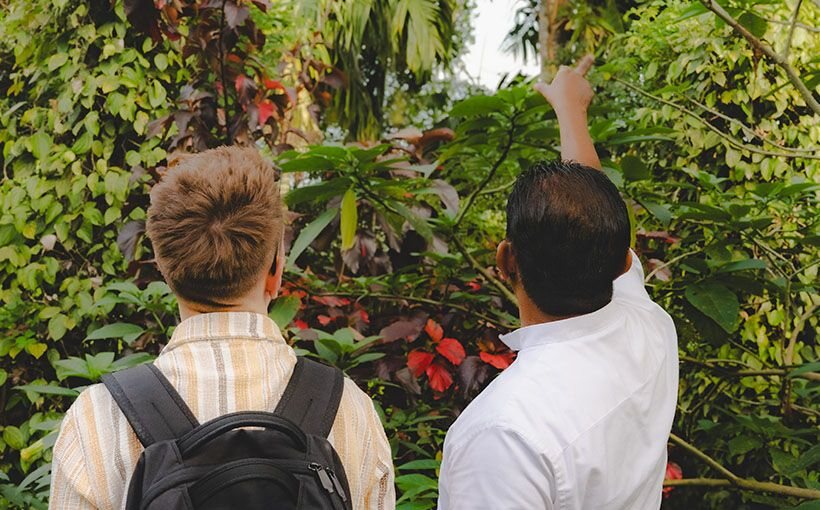 Guide pointing out plants to a guest in the Kandyan forest garden at Aarunya